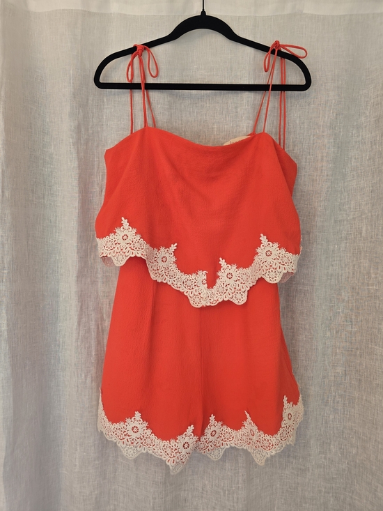 Fanco Pants - Orange Lace Trim Spaghetti Strap Romper